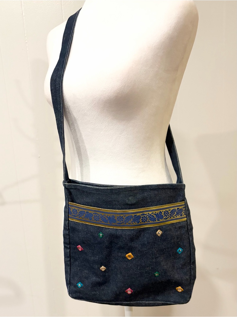 Y2K Vintage Denim Crossbody Purse with Gold Ribbon & Mirrored Jewels